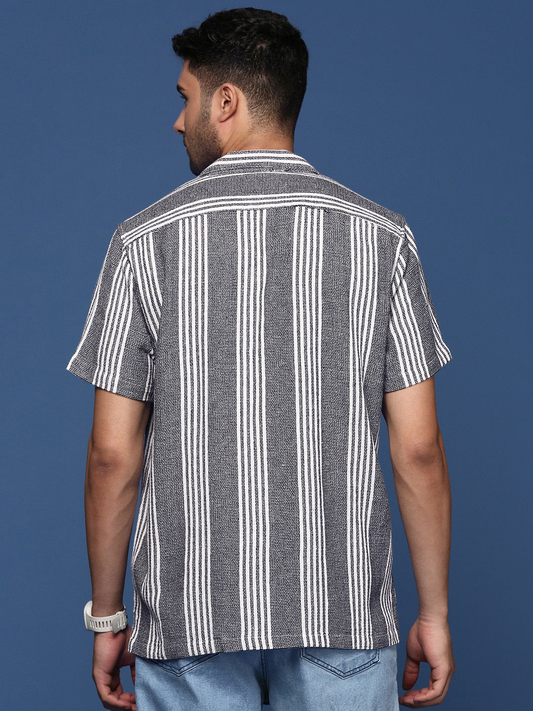 Men Cuban Collar Striped Black Relaxed Fit Shirt