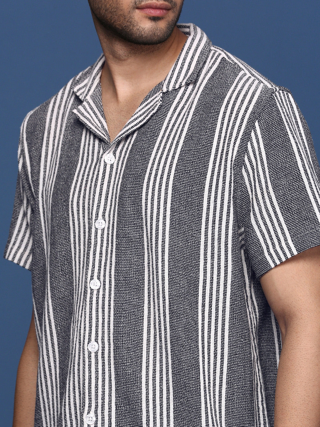 Men Cuban Collar Striped Black Relaxed Fit Shirt