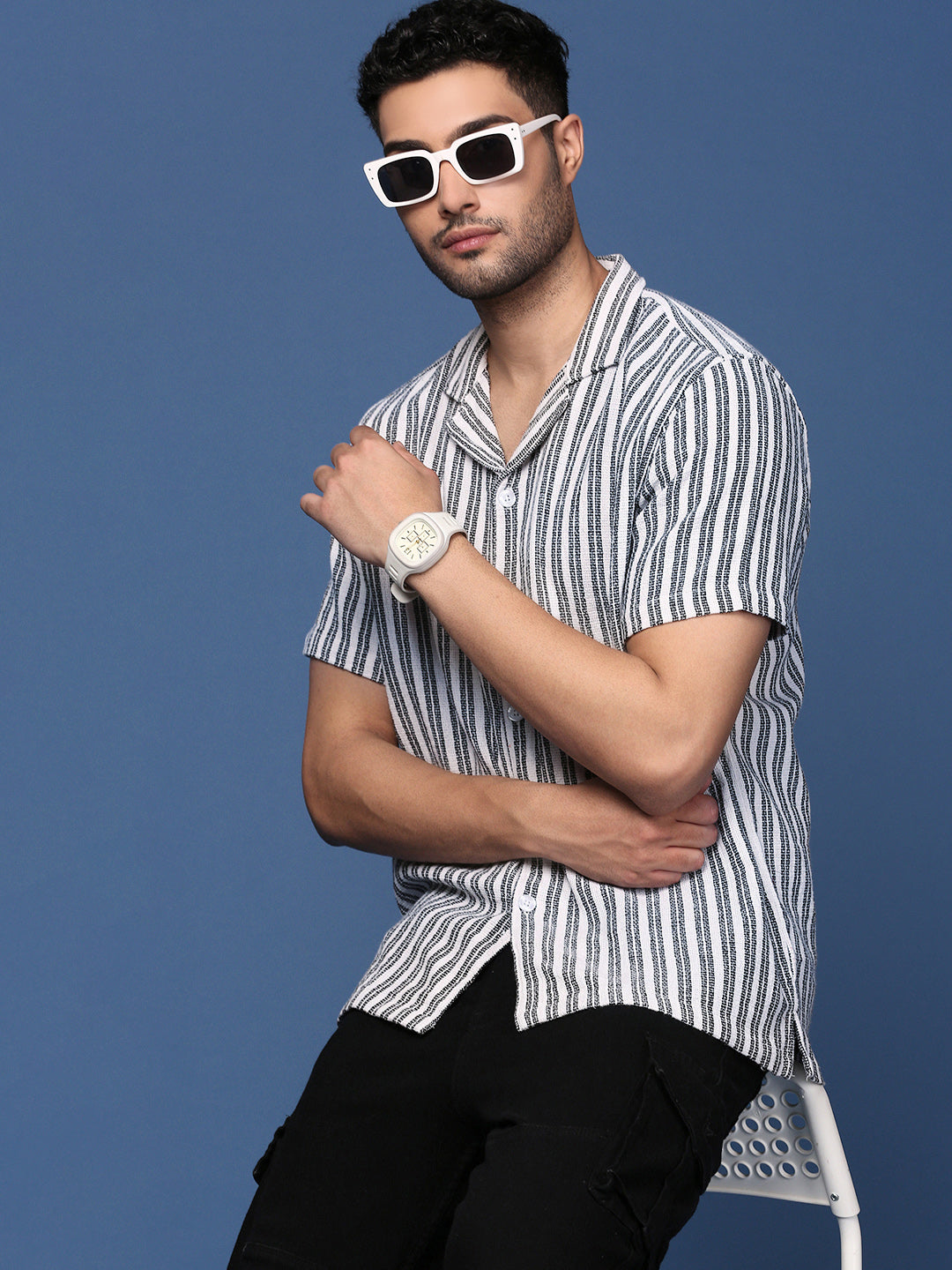 Men Cuban Collar Striped White Relaxed Fit Shirt