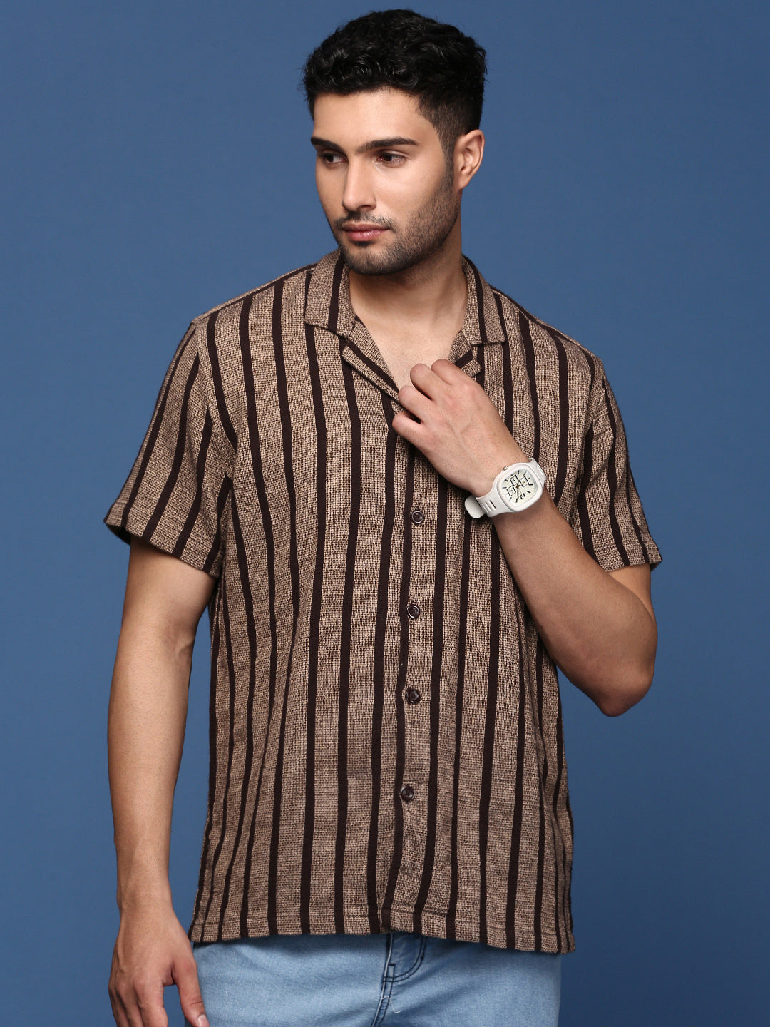 Men Cuban Collar Striped Brown Relaxed Fit Shirt