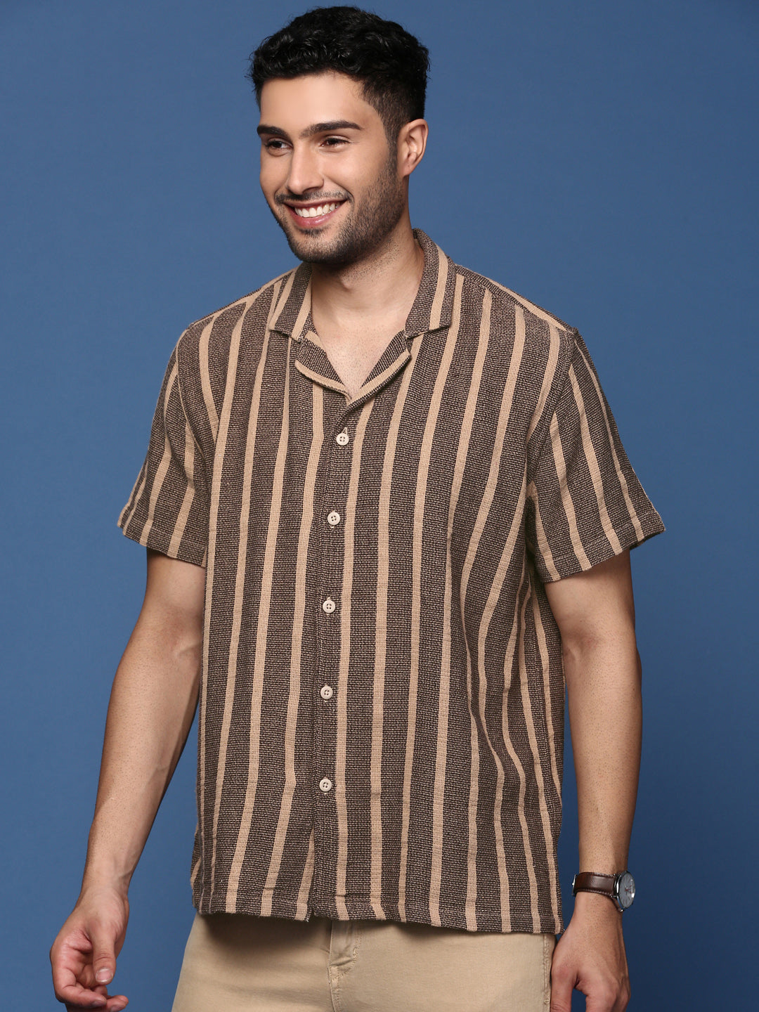 Men Cuban Collar Striped Beige Relaxed Fit Shirt