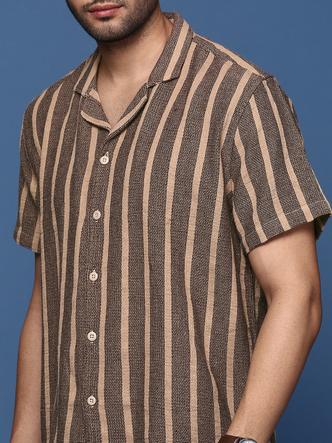 Men Cuban Collar Striped Beige Relaxed Fit Shirt