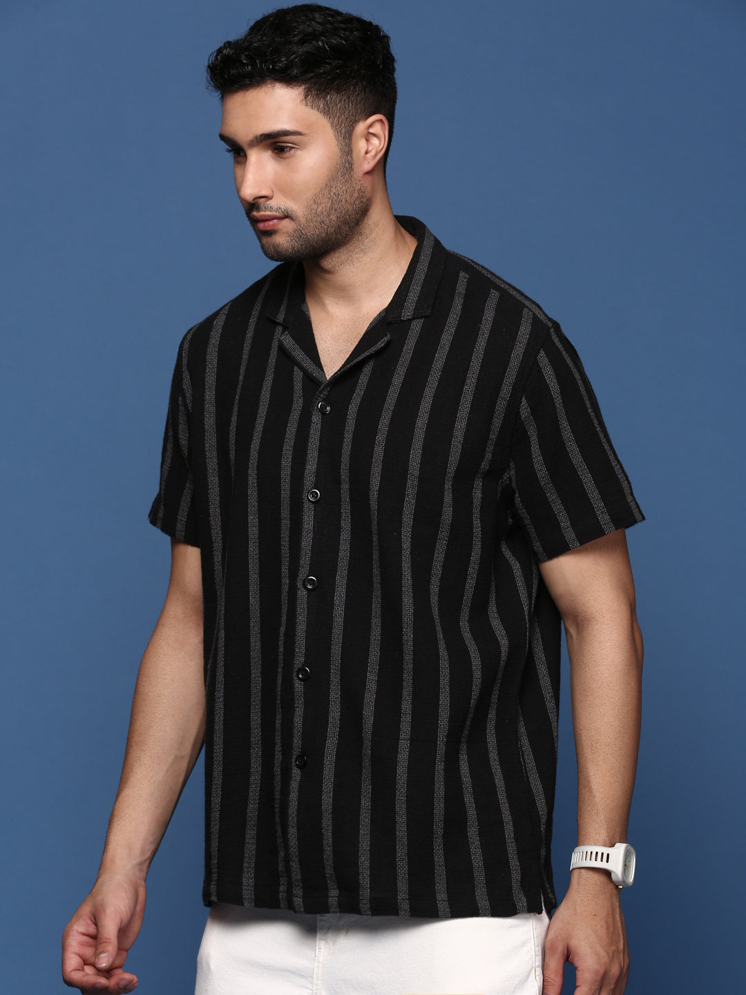 Men Cuban Collar Striped Black Relaxed Fit Shirt