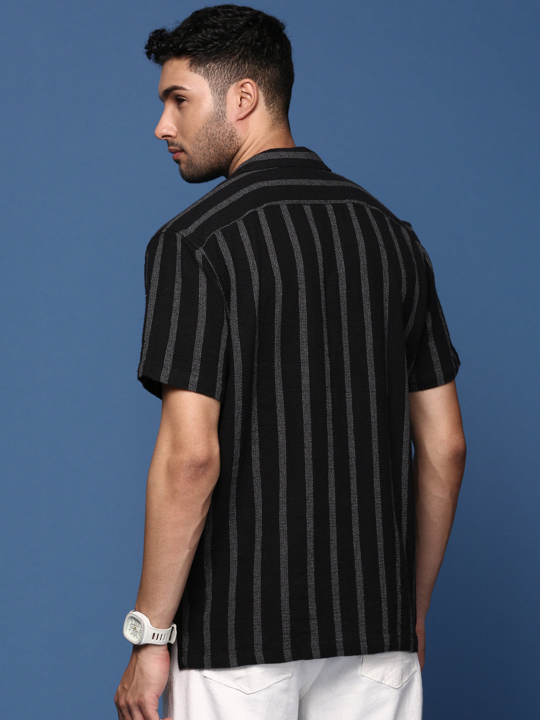 Men Cuban Collar Striped Black Relaxed Fit Shirt