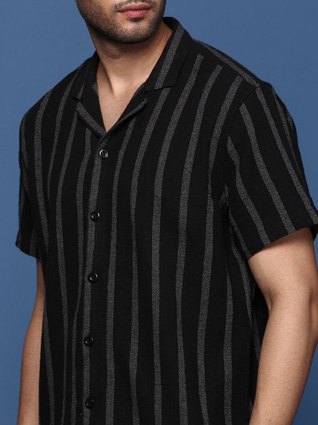 Men Cuban Collar Striped Black Relaxed Fit Shirt