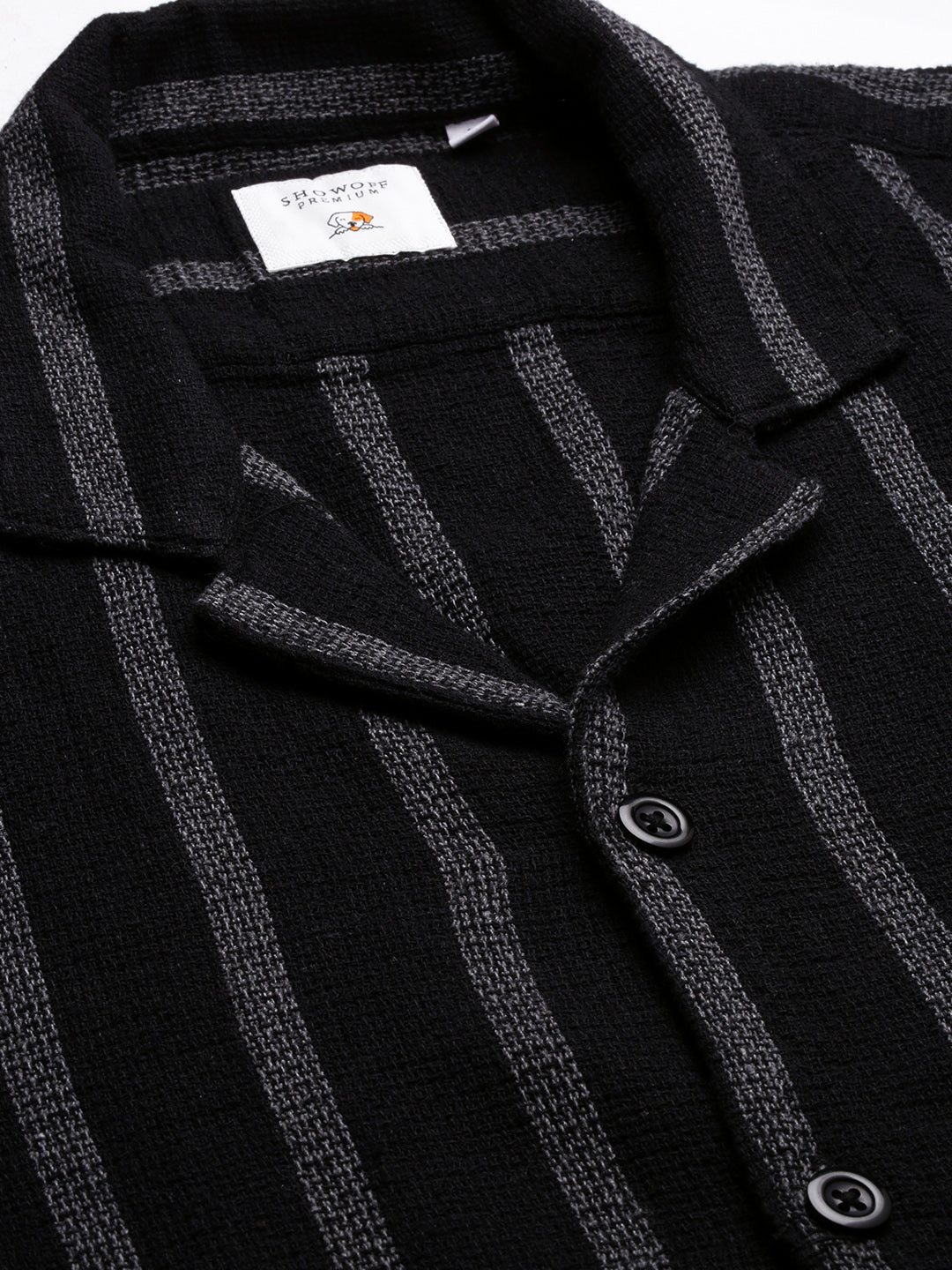 Men Cuban Collar Striped Black Relaxed Fit Shirt