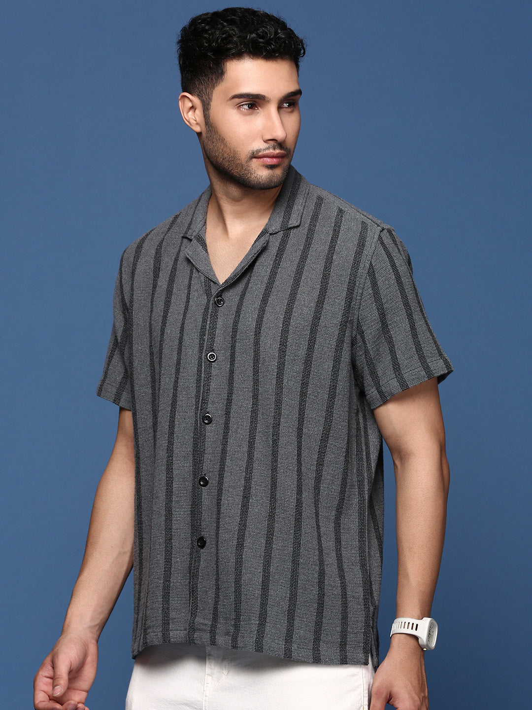 Men Cuban Collar Striped Charcoal Relaxed Fit Shirt