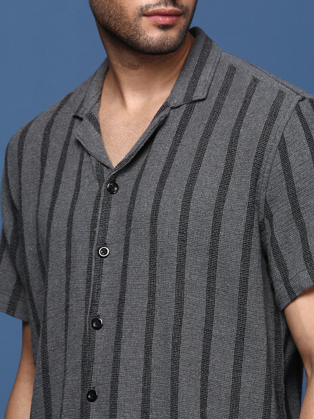 Men Cuban Collar Striped Charcoal Relaxed Fit Shirt