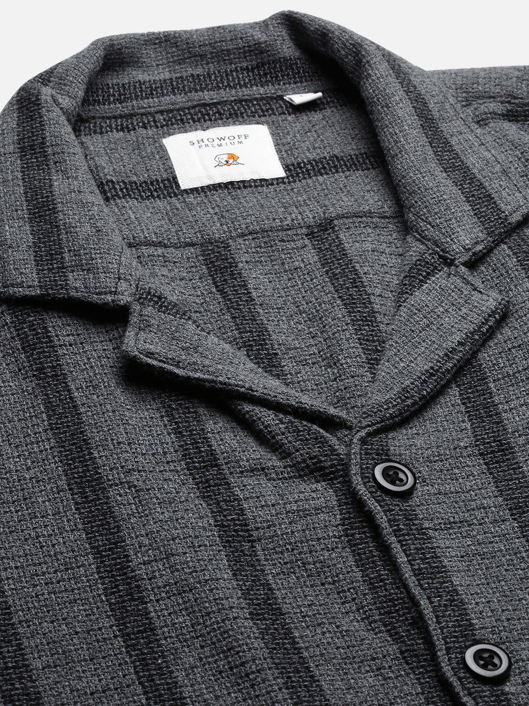 Men Cuban Collar Striped Charcoal Relaxed Fit Shirt