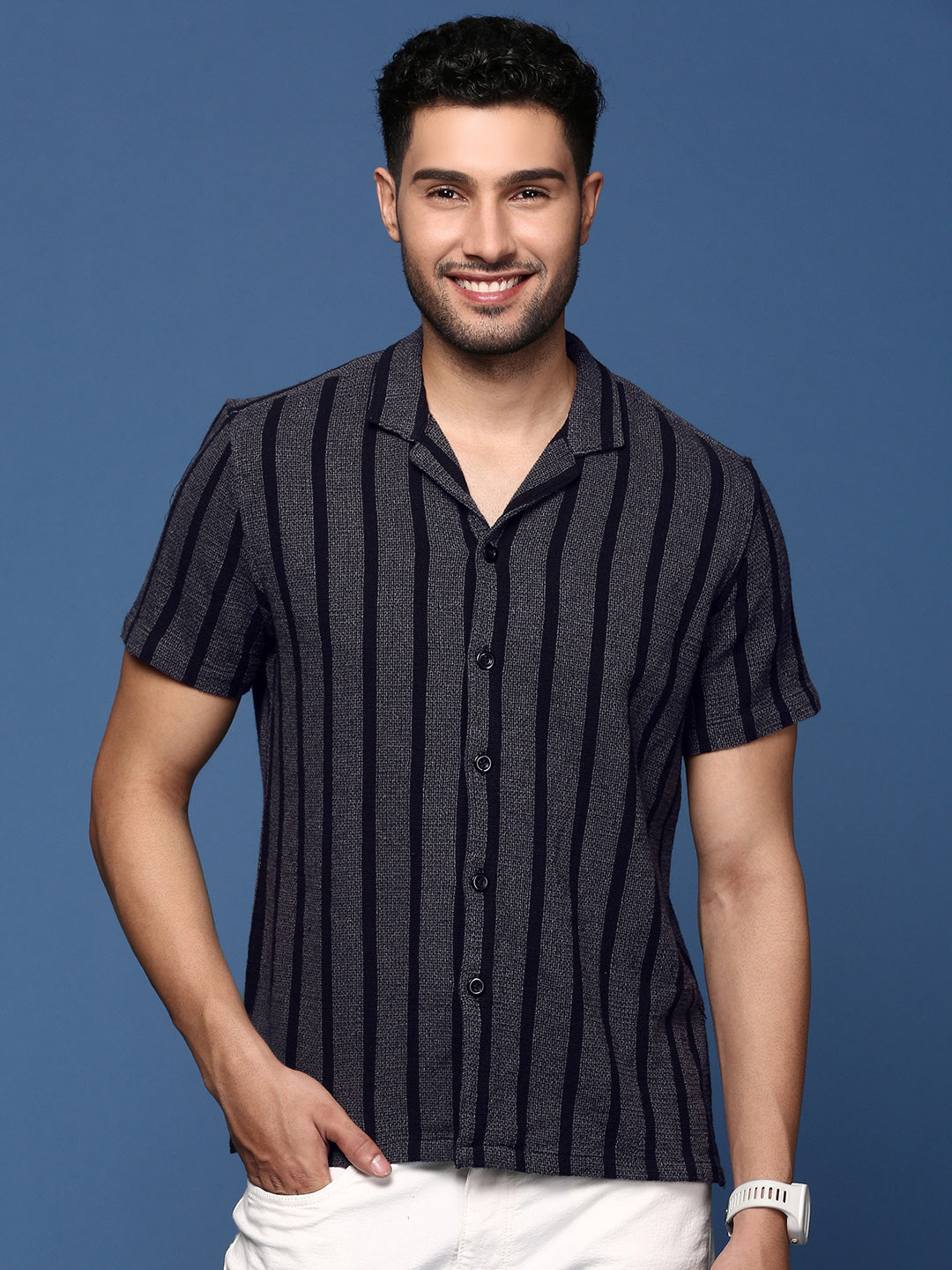 Men Cuban Collar Striped Charcoal Relaxed Fit Shirt