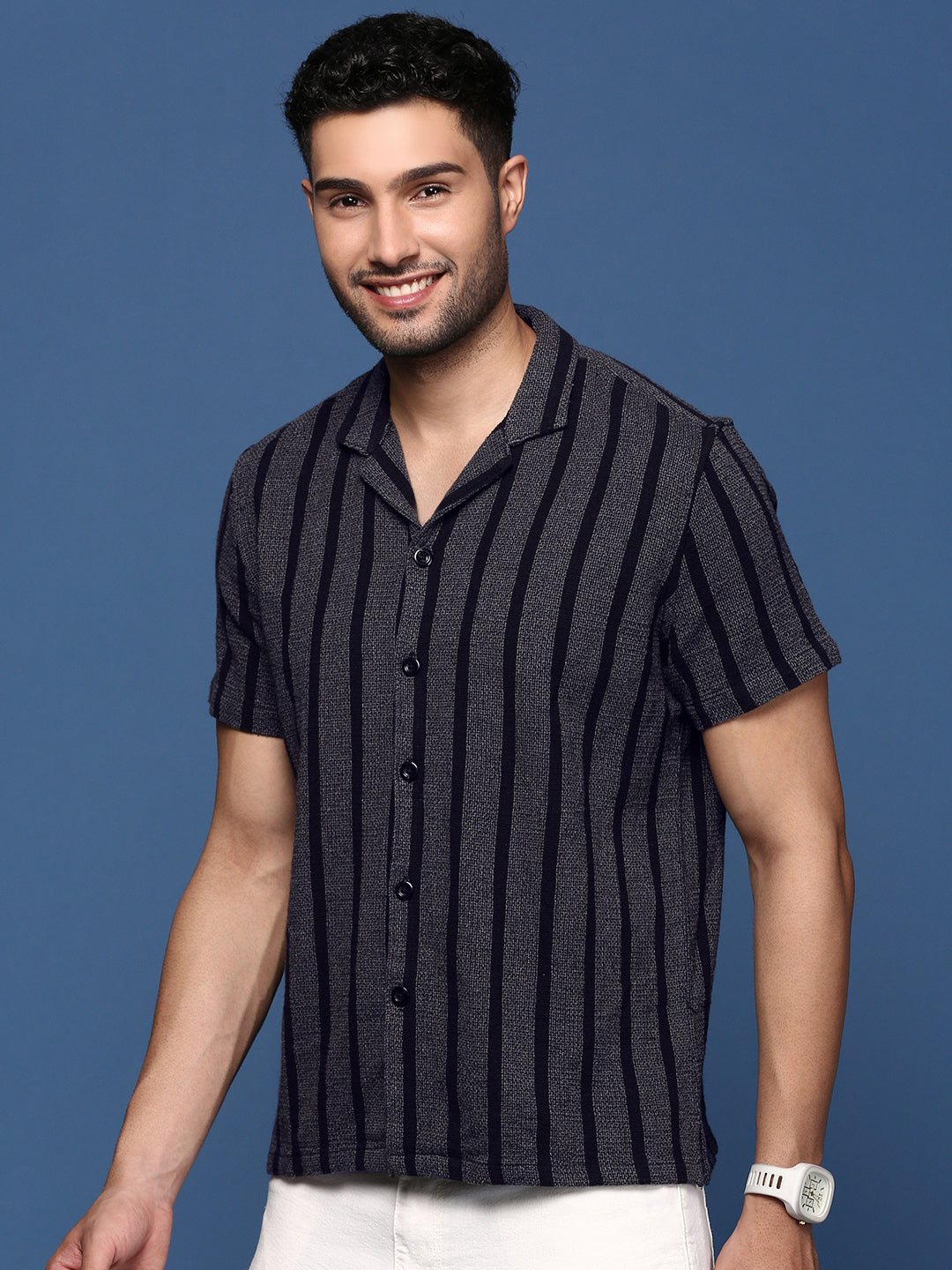 Men Cuban Collar Striped Charcoal Relaxed Fit Shirt