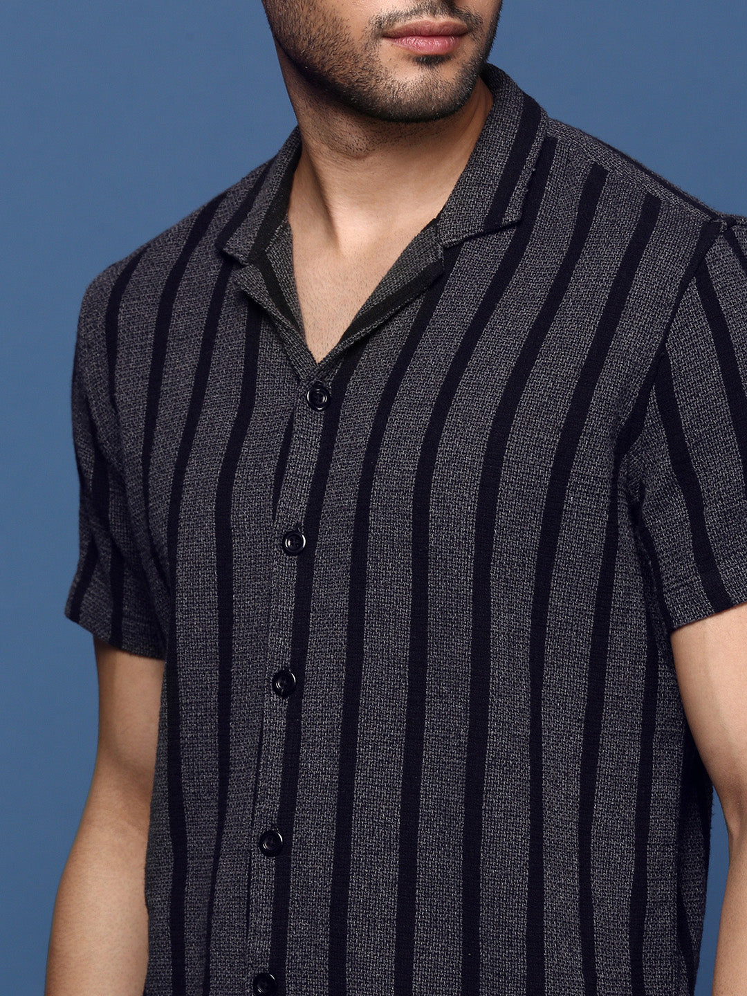 Men Cuban Collar Striped Charcoal Relaxed Fit Shirt