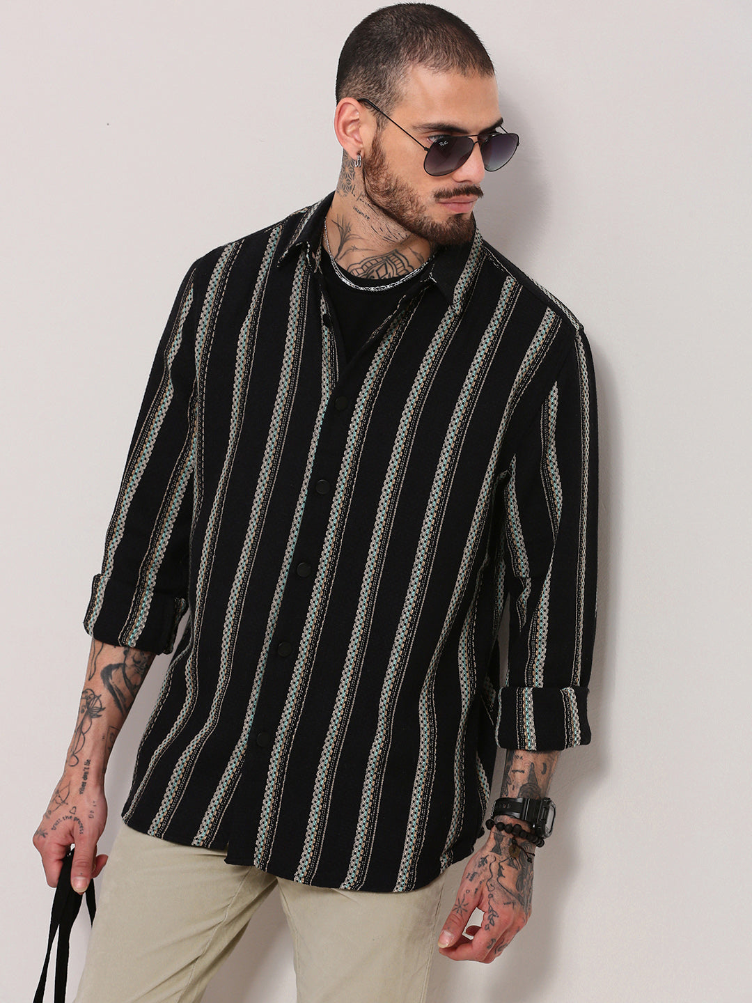 Men Black Striped Shacket