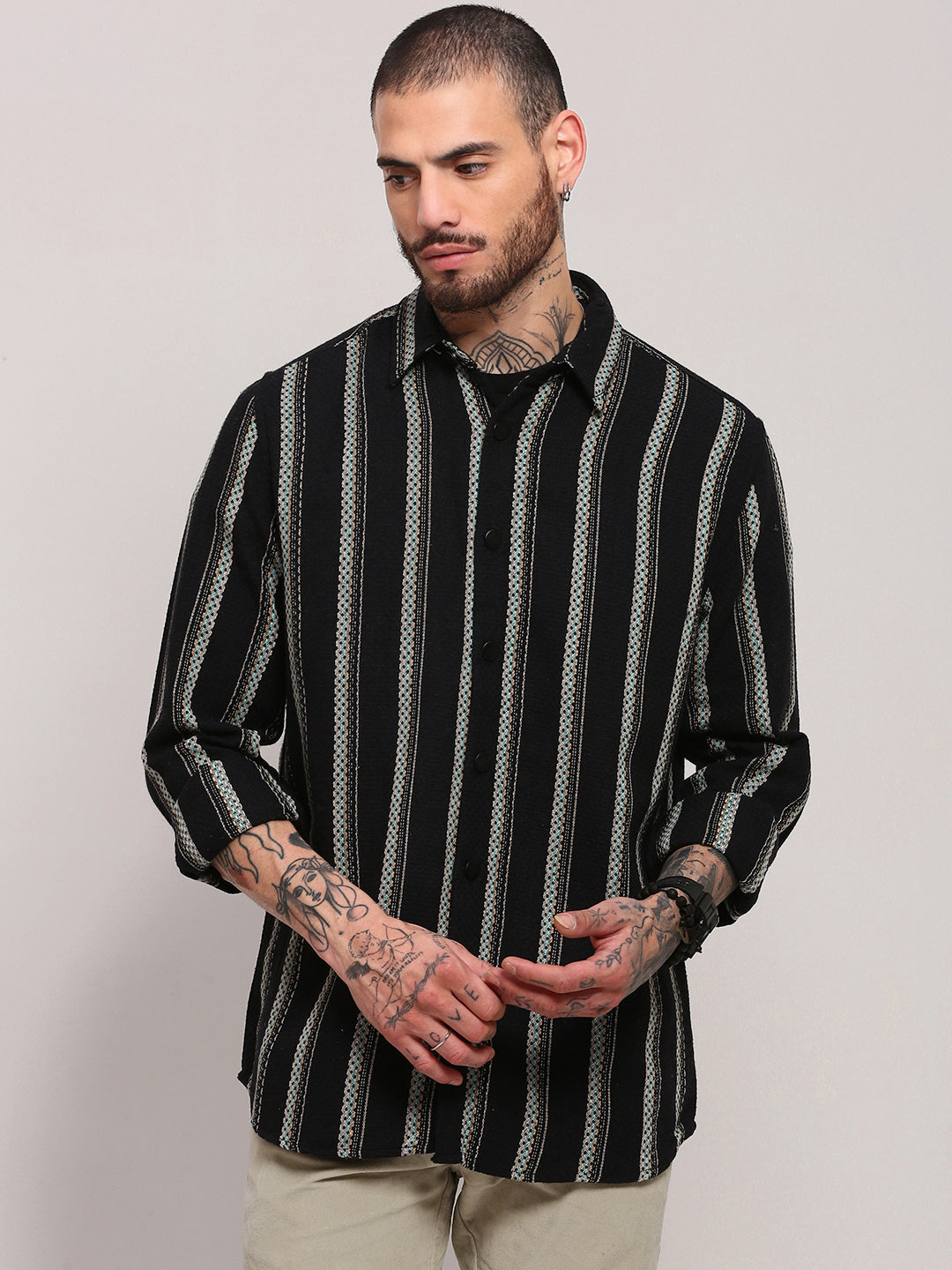 Men Black Striped Shacket