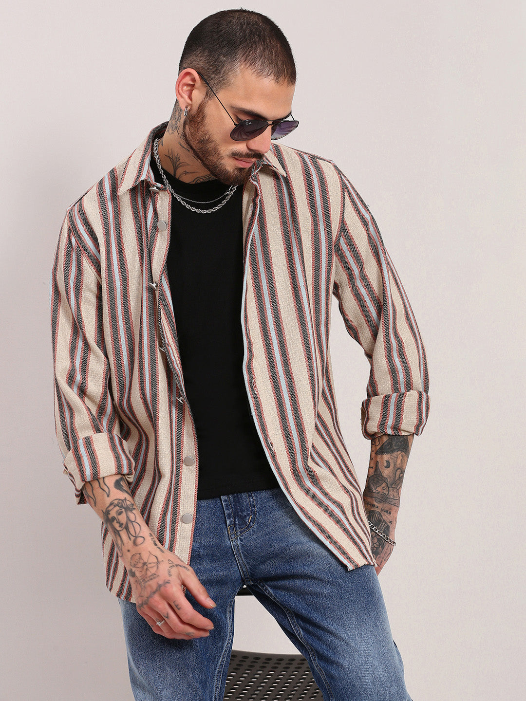 Men Beige Striped Shacket