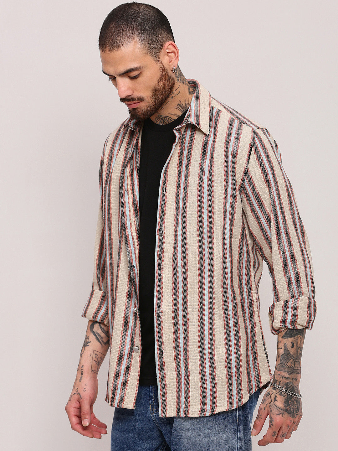 Men Beige Striped Shacket