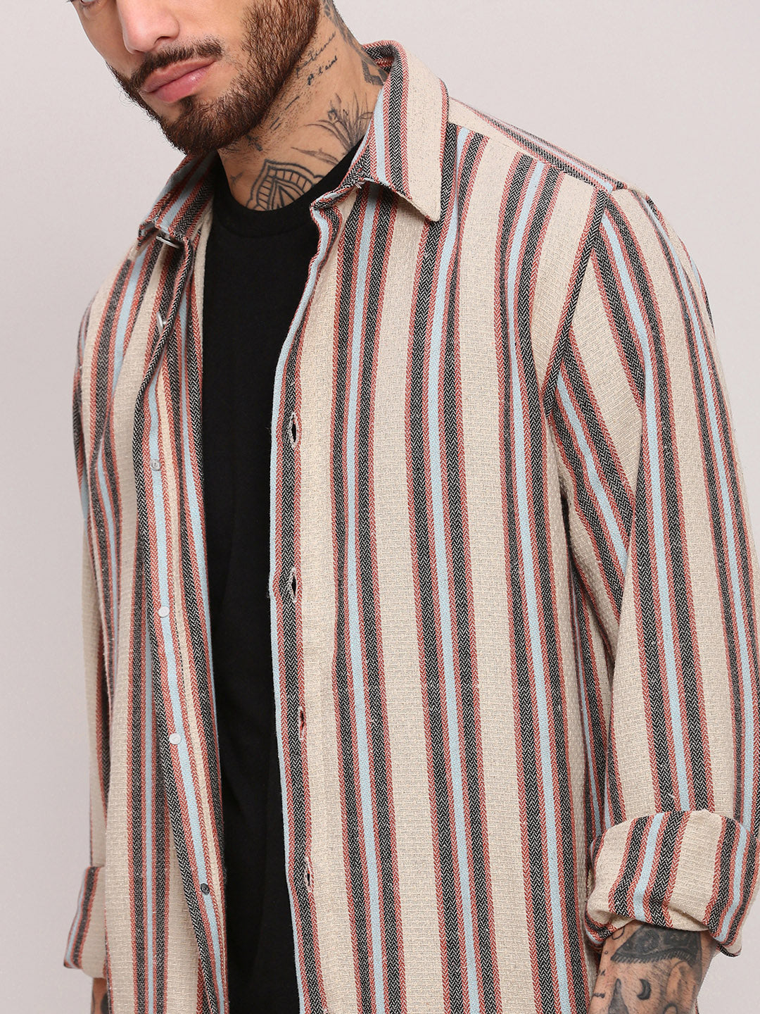 Men Beige Striped Shacket