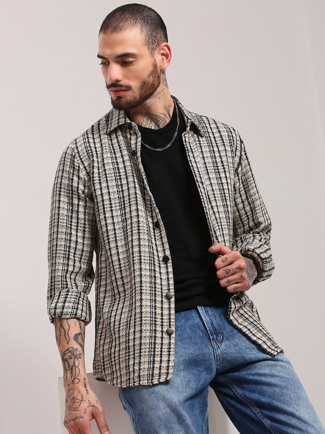 Men Cream Checked Shacket