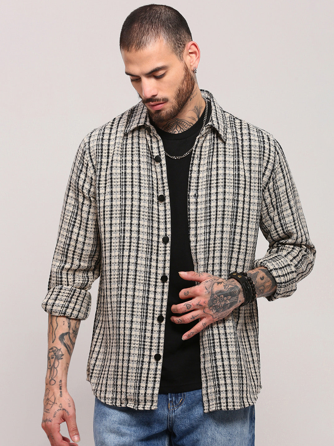 Men Cream Checked Shacket