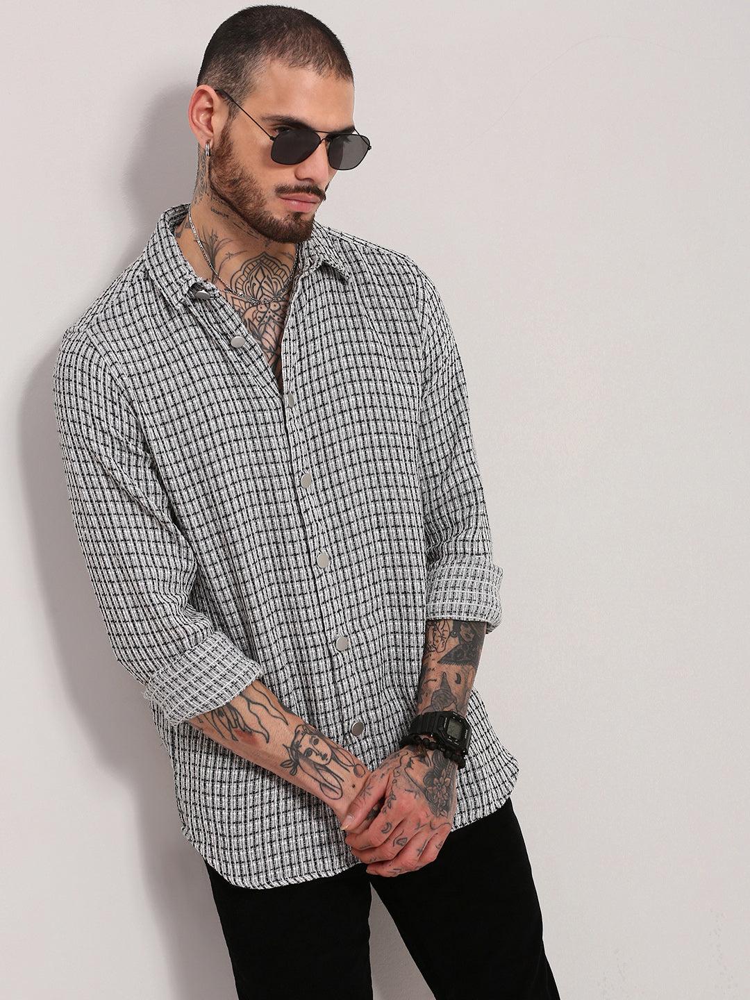 Men Grey Checked Shacket