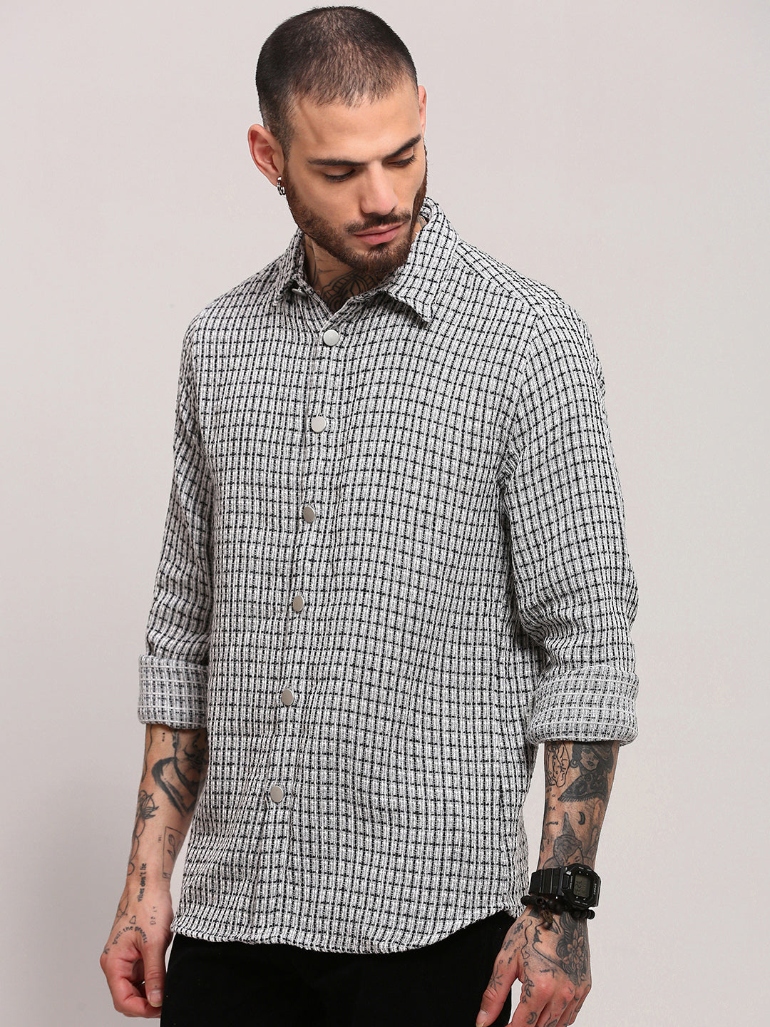 Men Grey Checked Shacket