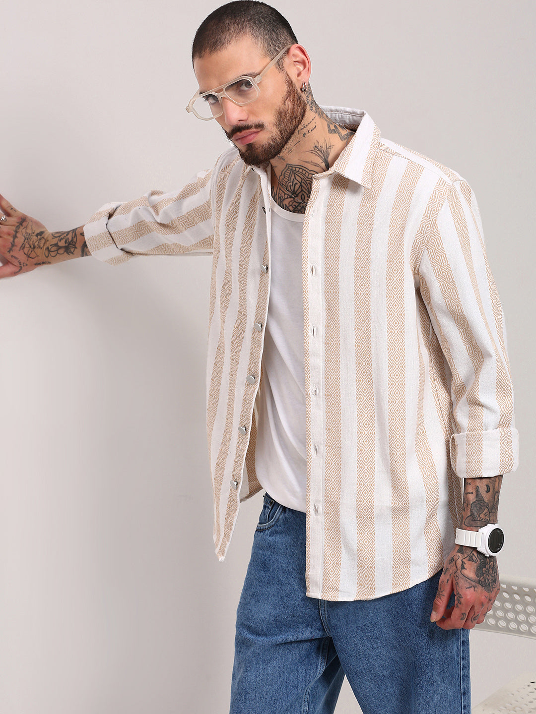 Men Cream Striped Shacket