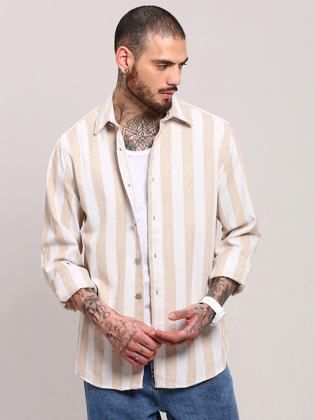 Men Cream Striped Shacket