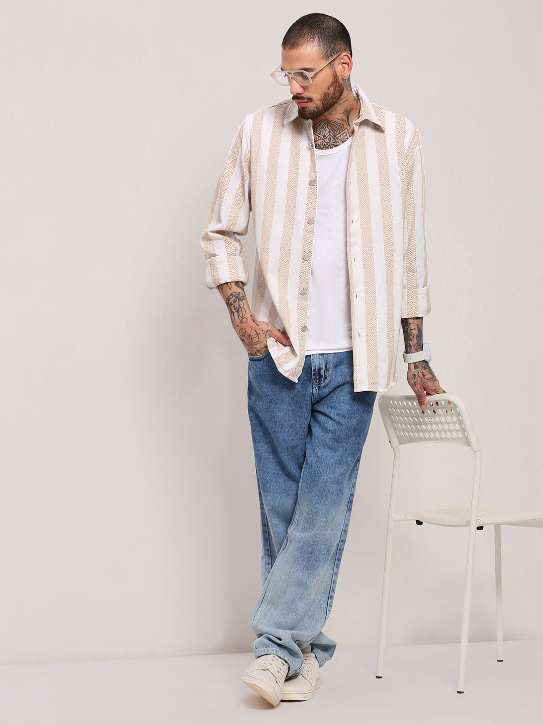 Men Cream Striped Shacket