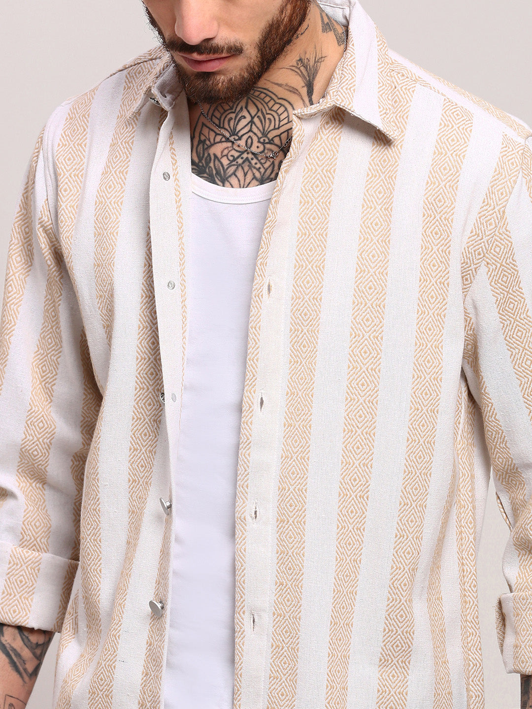 Men Cream Striped Shacket