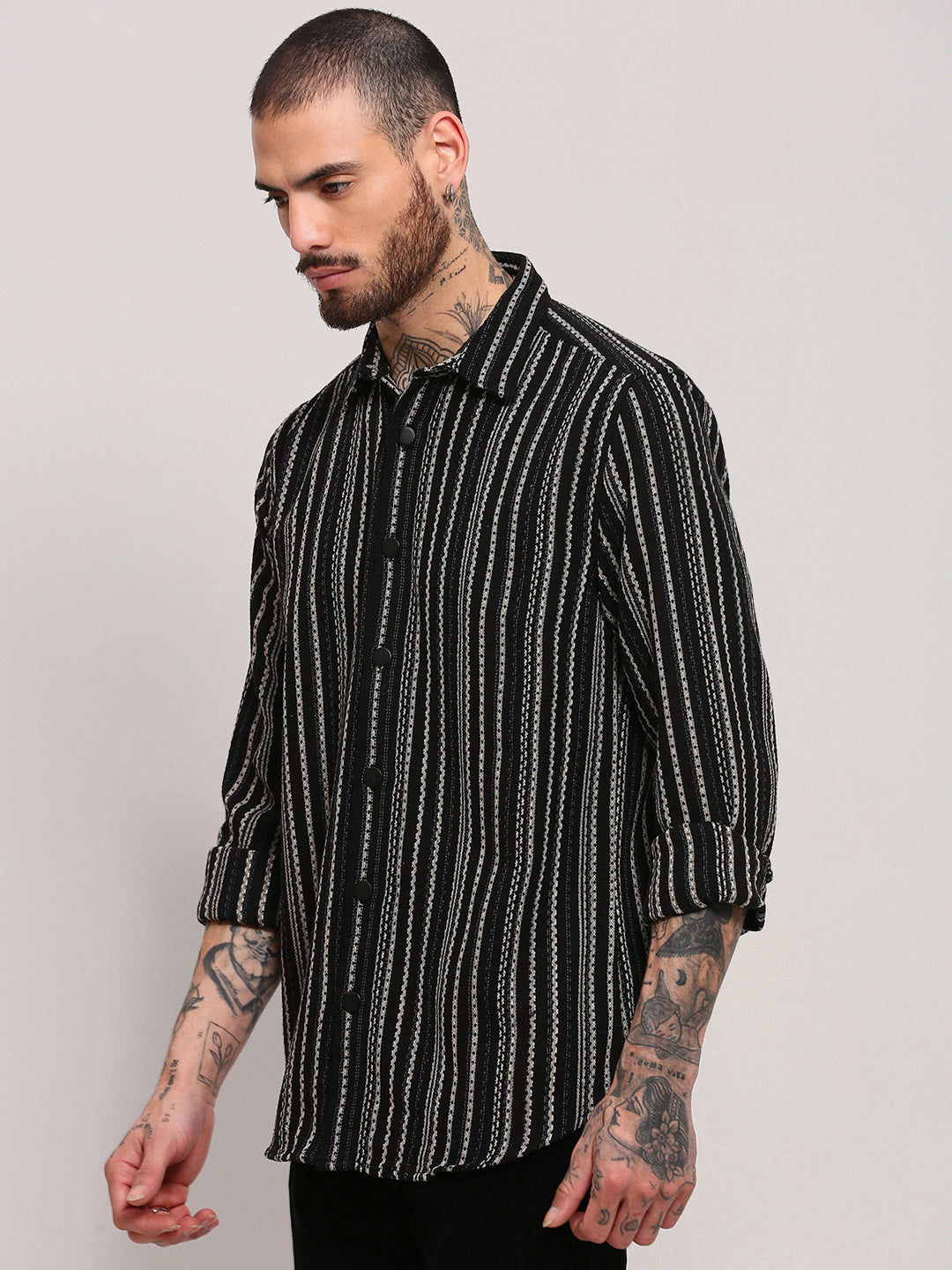 Men Black Striped Shacket