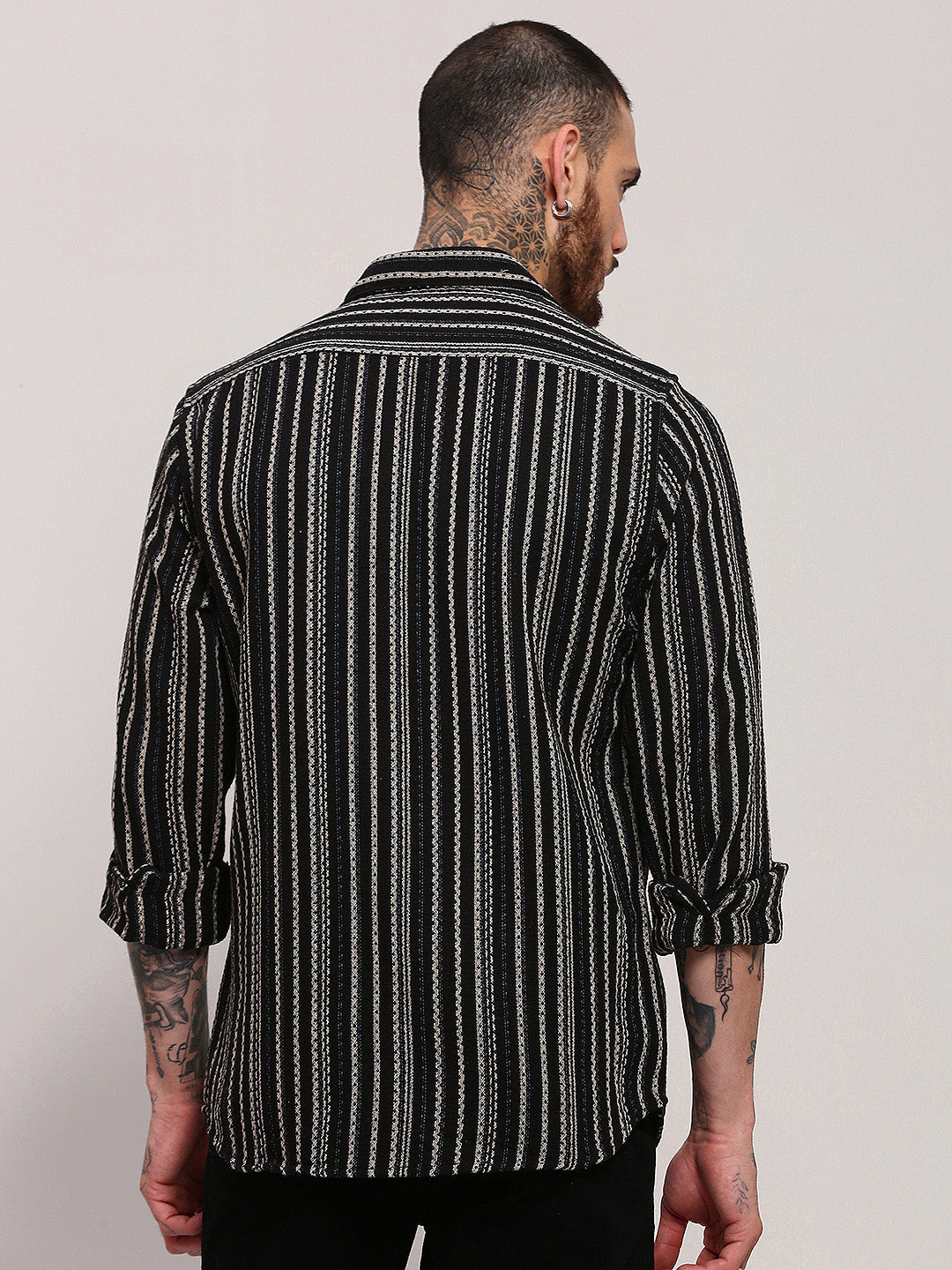 Men Black Striped Shacket