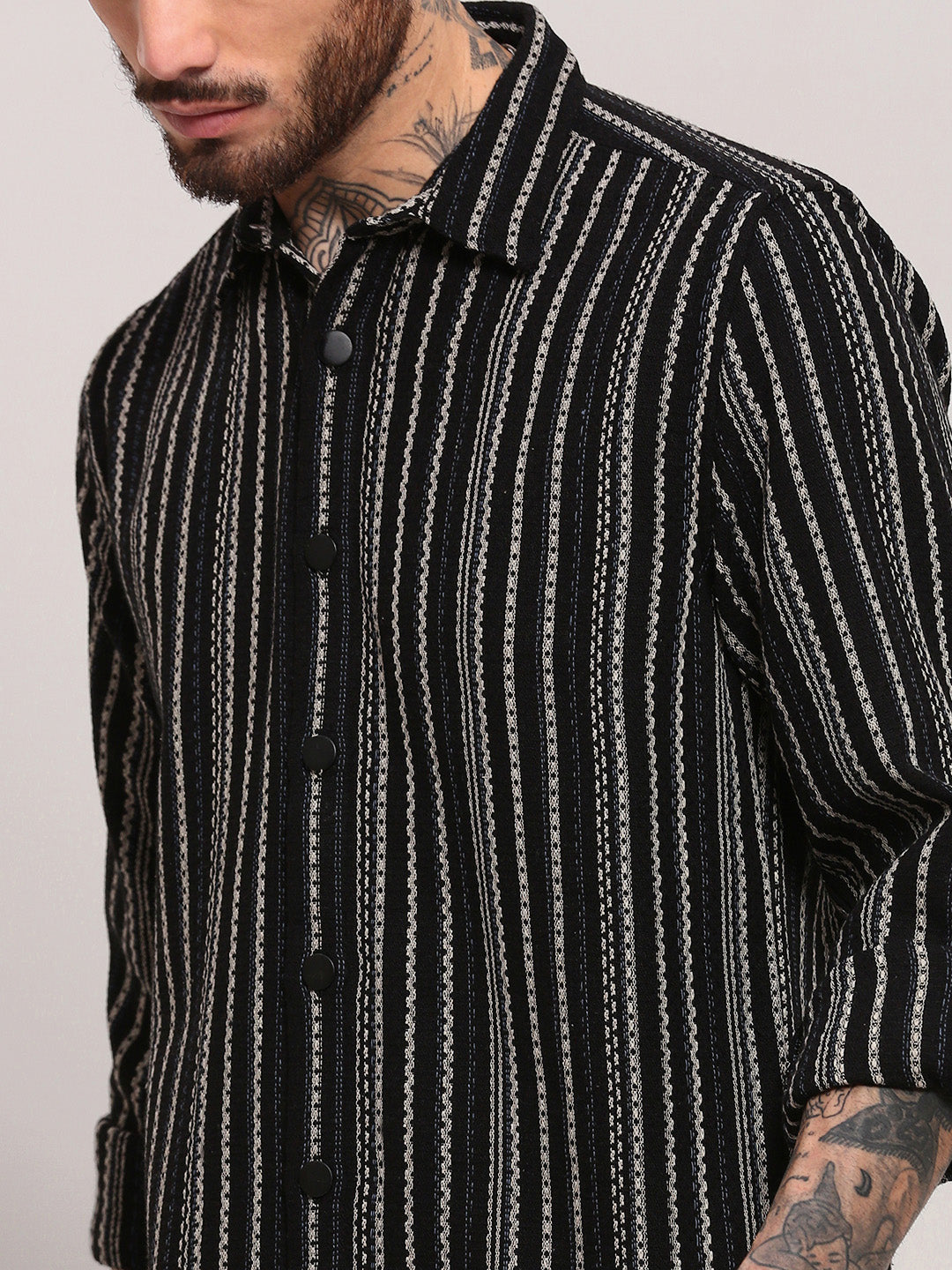 Men Black Striped Shacket