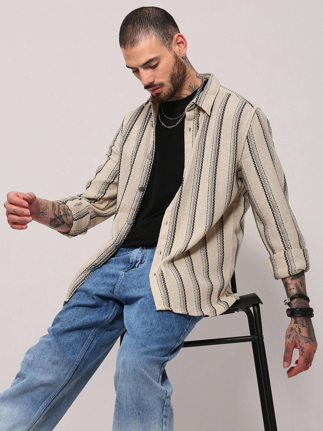 Men Cream Striped Shacket