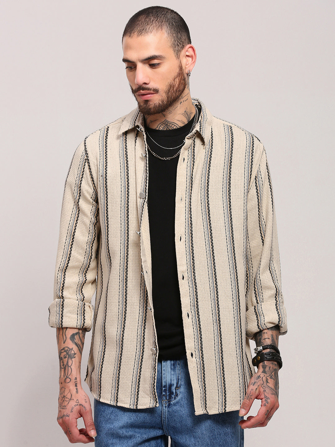 Men Cream Striped Shacket