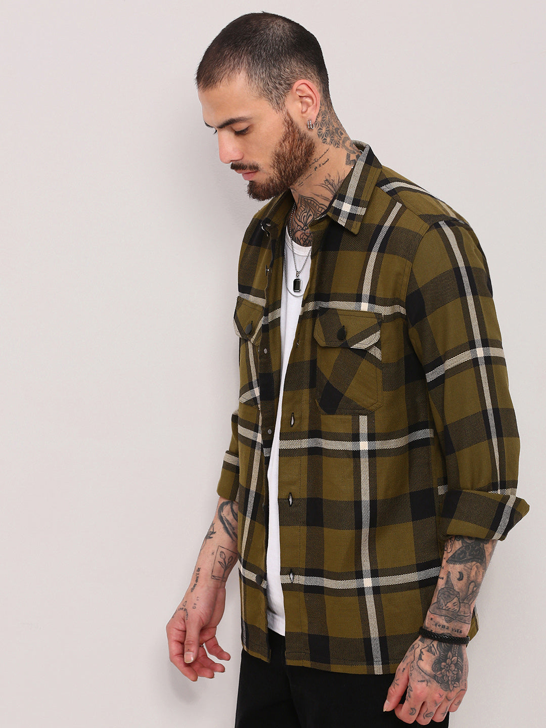 Men Green Checked Shacket