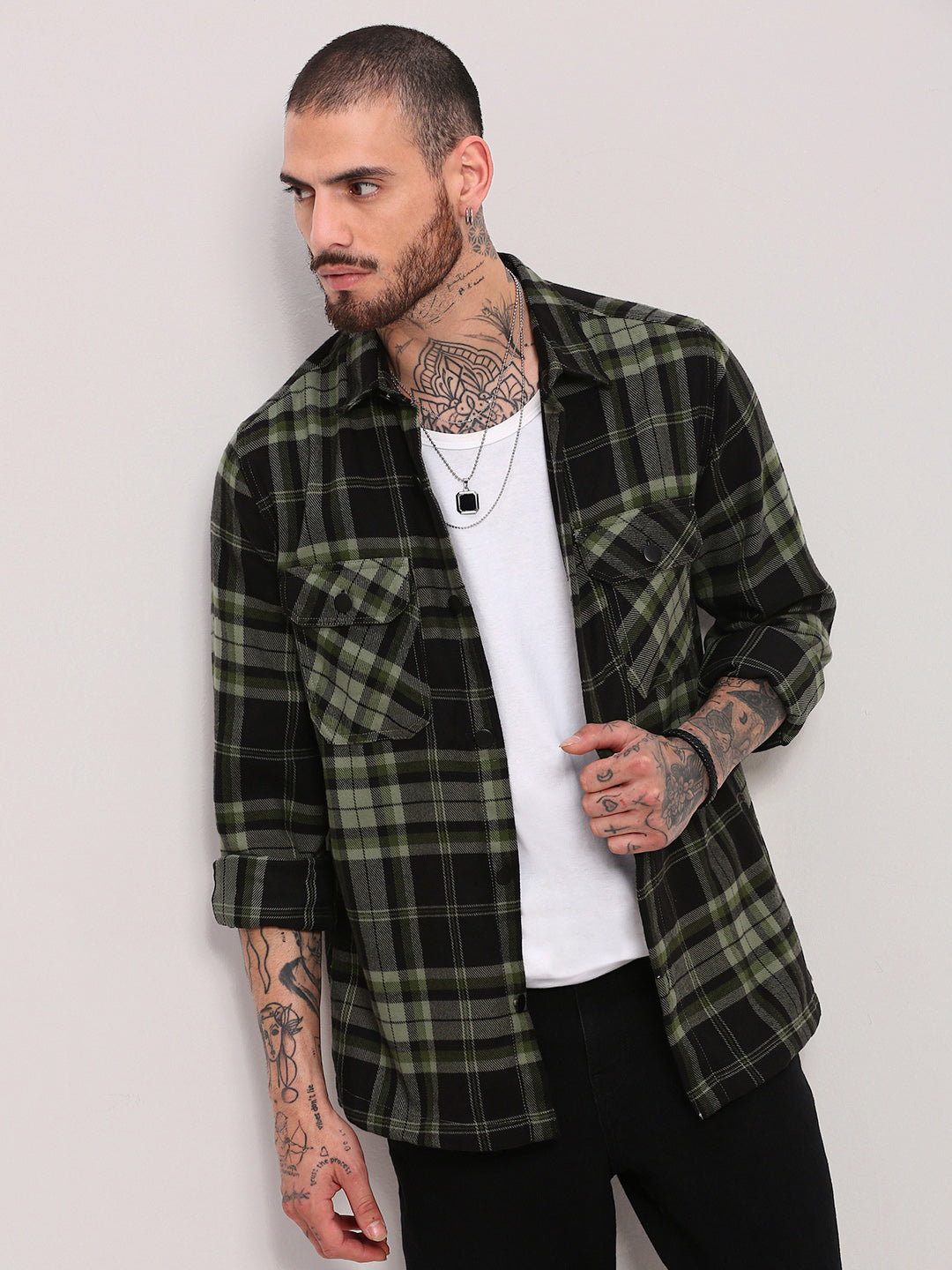 Men Green Checked Shacket