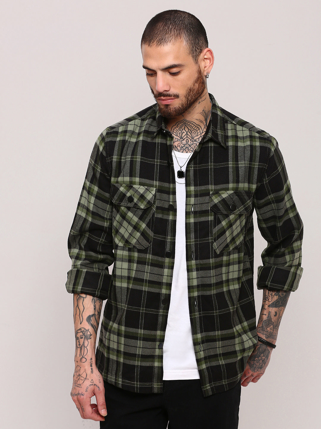 Men Green Checked Shacket