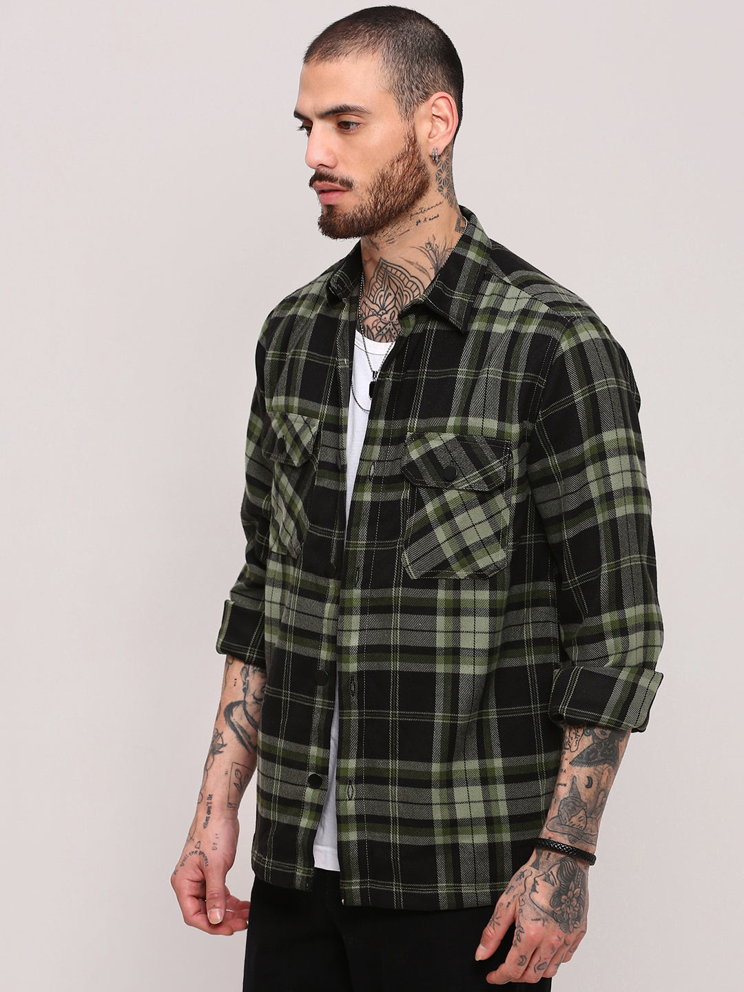 Men Green Checked Shacket