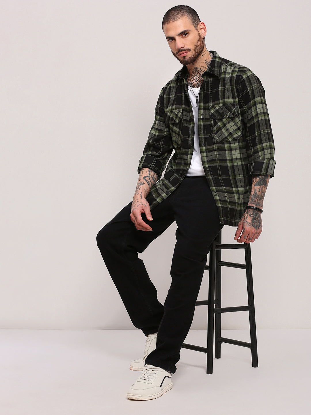 Men Green Checked Shacket