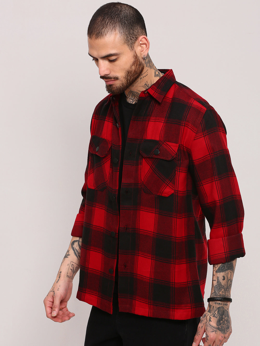 Men Red Checked Shacket