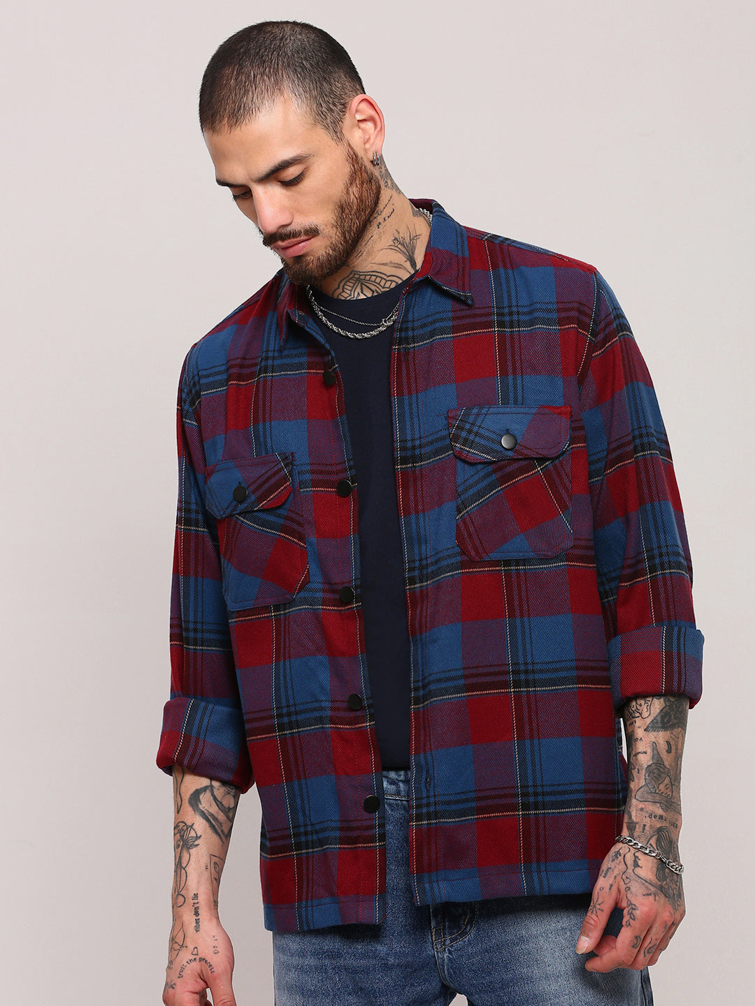 Men Red Checked Shacket