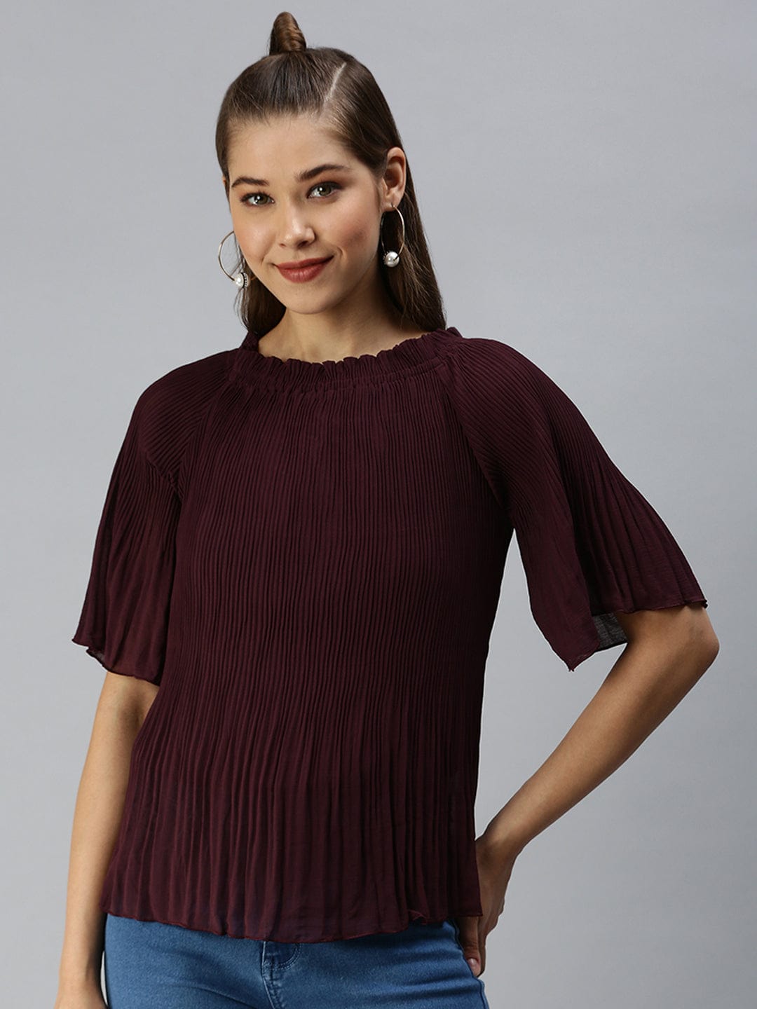 Women's Boat Neck Solid Burgundy Top