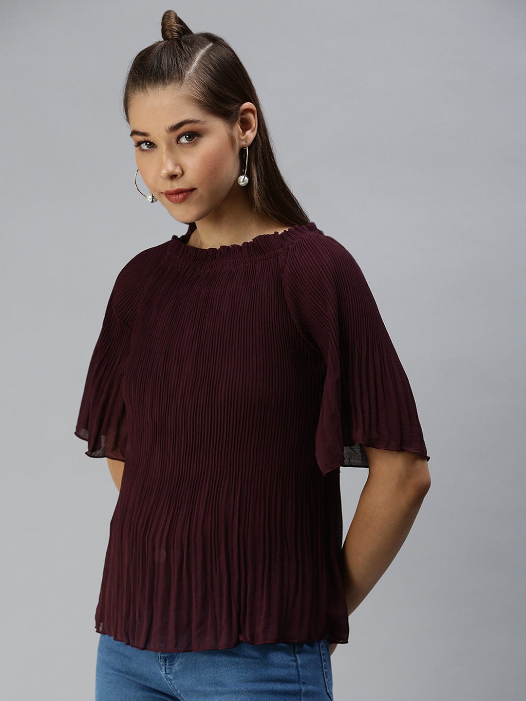 Women's Boat Neck Solid Burgundy Top