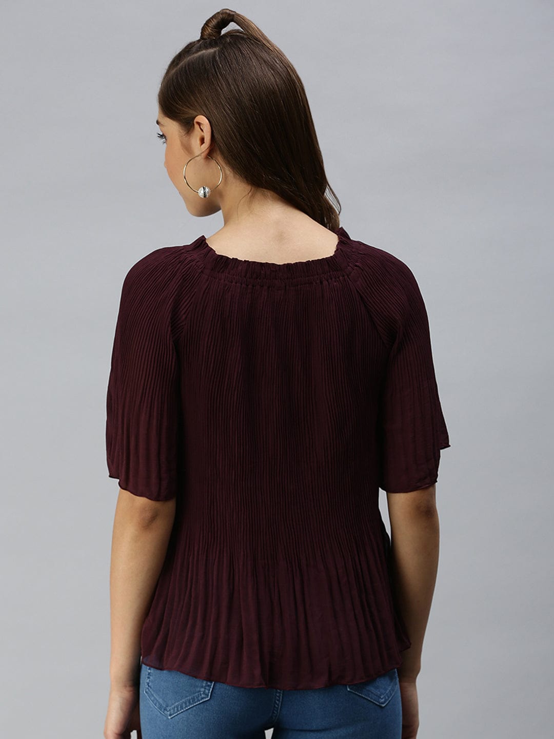 Women's Boat Neck Solid Burgundy Top