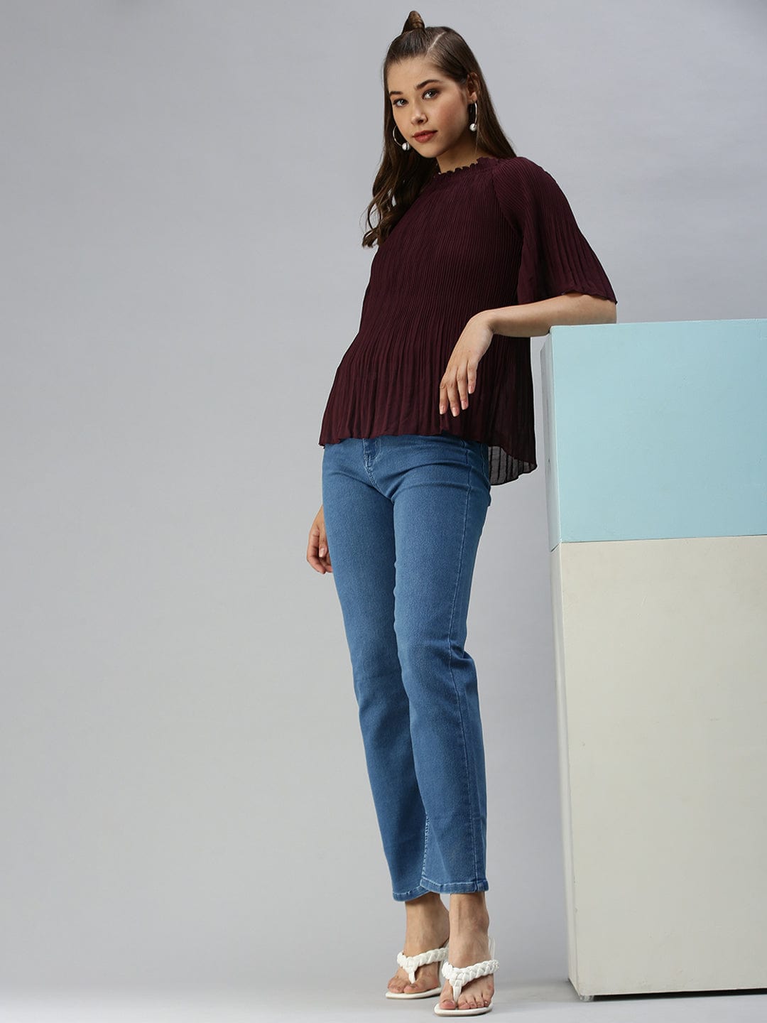 Women's Boat Neck Solid Burgundy Top