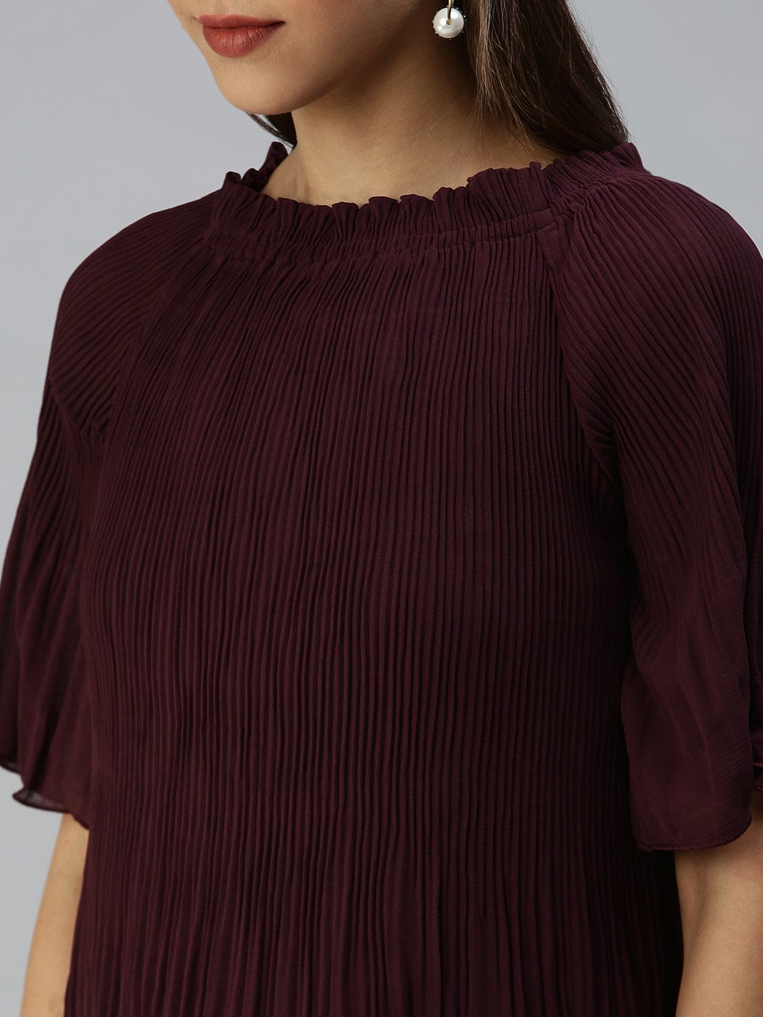 Women's Boat Neck Solid Burgundy Top