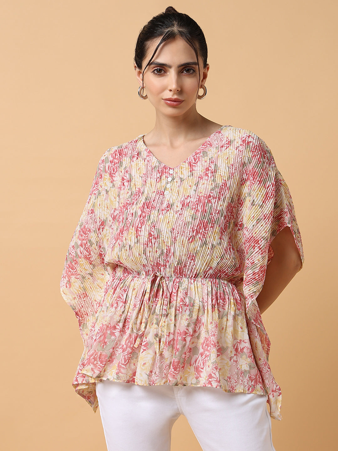 Women Pink Floral Kaftan Top