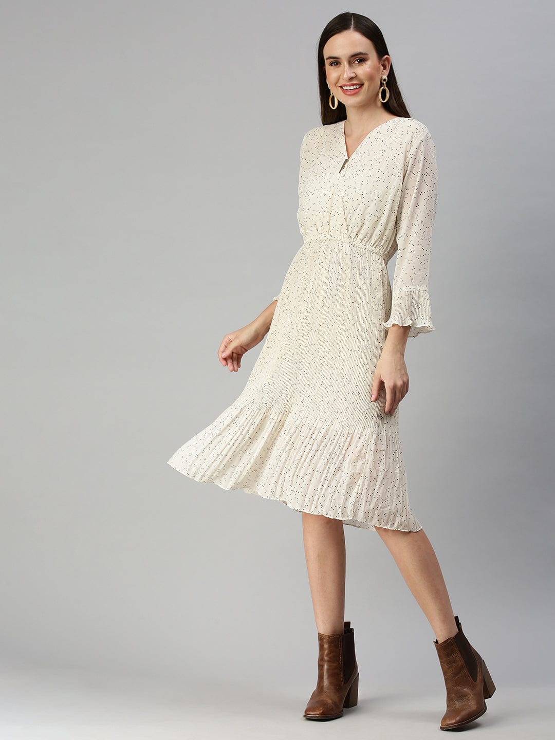Women's V-Neck Printed Fit and Flare Cream Dress