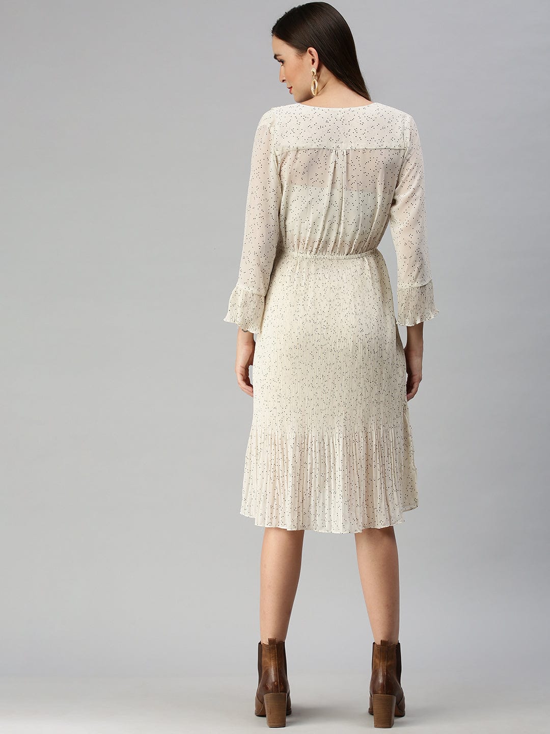 Women's V-Neck Printed Fit and Flare Cream Dress