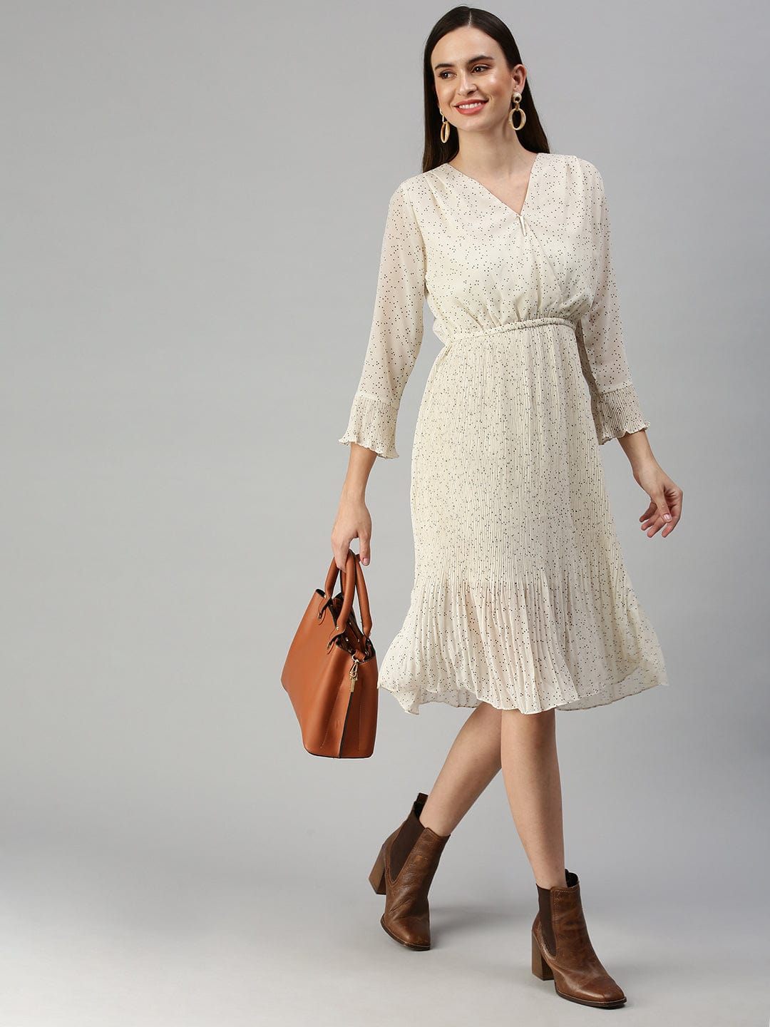 Women's V-Neck Printed Fit and Flare Cream Dress